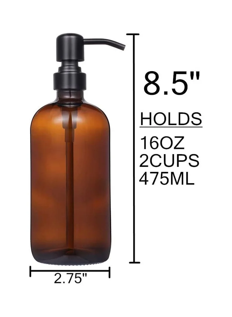 Quesera  2 Pack Thick Amber Glass Soap Dispenser with Matte Black Stainless Steel Pump, 16oz.Round Bottles/Dispenser with Rustproof Pump for Oils, Lotion Soap  | Best Price UAE