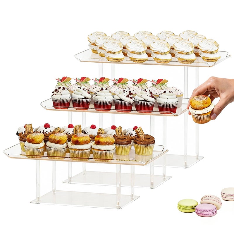 HeiMma 3 Pack Dessert Table Display Set, Clear Acrylic Desert Stands Buffet Risers for Cupcakes Dessert Pastry Food Treat Tier Cookie Dessert Platter Serving Trays Stand for Wedding Birthday Party - Image 1