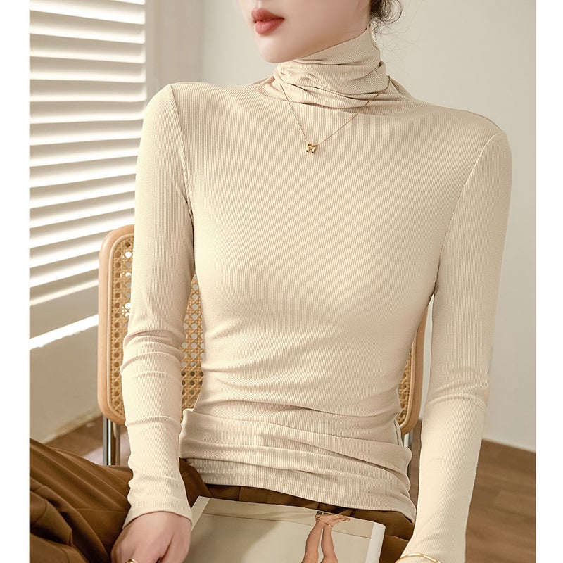 High Elastic Threaded Cotton Turtleneck Bottoming Shirt Women's Long-Sleeved T-Shirt 2025 Autumn and Winter Wear with Slim Fit Right Shoulder Top - Image 1