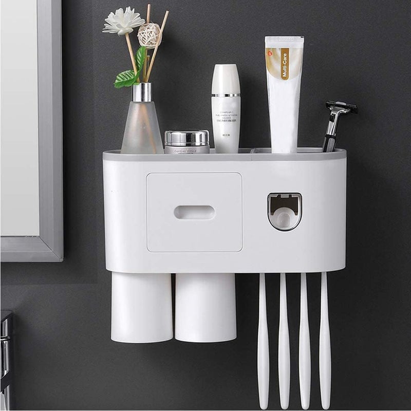 TGOPIT Toothbrush Holder Wall Mounted, Automatic Toothpaste Dispenser Squeezer Kit With Holders For Bathroom-Shelf Magnetic Cups Toothpaste Holder(2 Cup,Abs Plastic, White) - Image 1