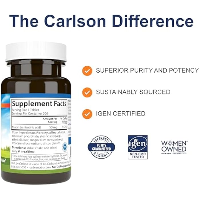 Carlson - Niacin, 50 mg, Supports Cholesterol Metabolism, Energy Production, Heart Health, Nerve Function, 300 Tablets - Image 2