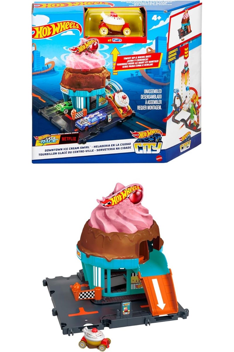Hot Wheels City Track Set with 1 Car, Ice Cream Shop Playset - Image 1
