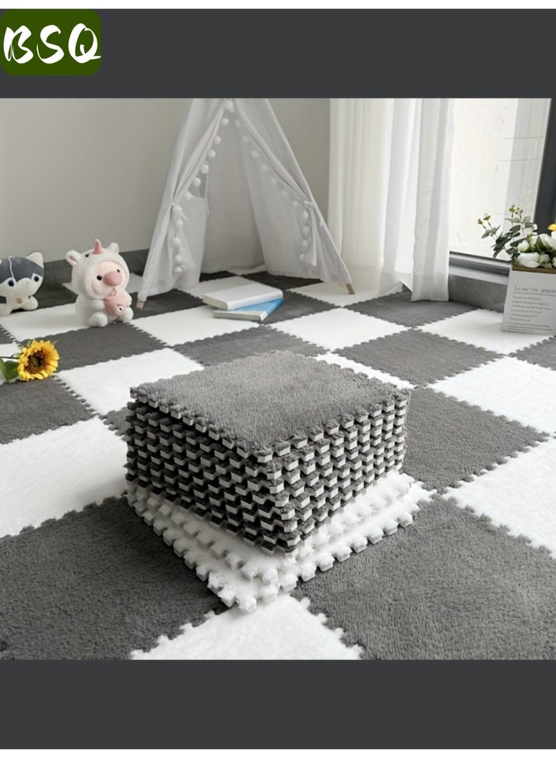 بي إس كيو سجادة أرضية إسفنجية مخملية مكونة من 12 قطعة | بلاطات أرضية إسفنجية متشابكة | سجادة دافئة لجانب السرير | بطانة إسفنجية مريحة | سجادة إسفنجية سميكة من مادة EVA المخملية | ناعمة ومتينة | سجادة زحف بمقاس 11.8 × 11.8 بوصة | سجادة أرضية مخملية سميكة | سجادة مربعة قابلة للتجميع بنفسك | (6 قطع بيضاء + 6 قطع رمادية) - Image 1