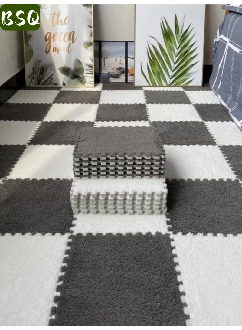 بي إس كيو سجادة أرضية إسفنجية مخملية مكونة من 12 قطعة | بلاطات أرضية إسفنجية متشابكة | سجادة دافئة لجانب السرير | بطانة إسفنجية مريحة | سجادة إسفنجية سميكة من مادة EVA المخملية | ناعمة ومتينة | سجادة زحف بمقاس 11.8 × 11.8 بوصة | سجادة أرضية مخملية سميكة | سجادة مربعة قابلة للتجميع بنفسك | (6 قطع بيضاء + 6 قطع رمادية) - Image 2