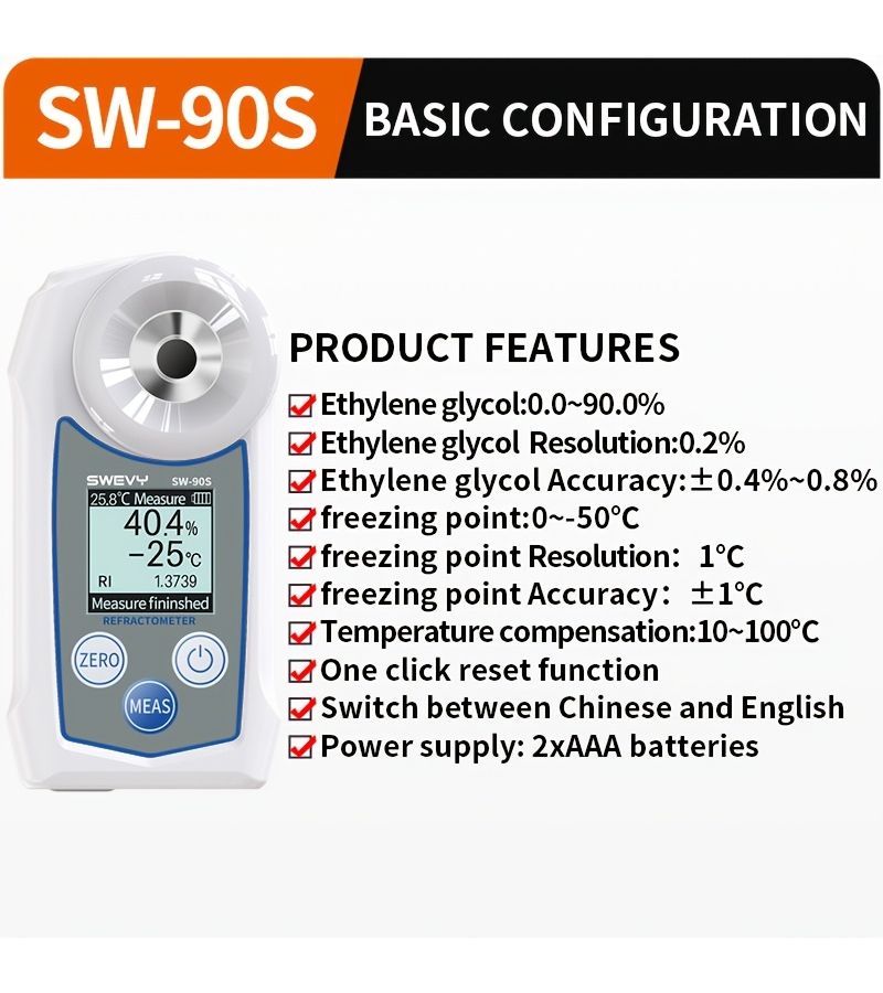 SWEVY SW-90S Refractometer 4 in 1 Ethylene Glycol Concentration Freezing Point Refractive Index ATC Digital Backlit LCD Automotive Antifreeze - Image 5