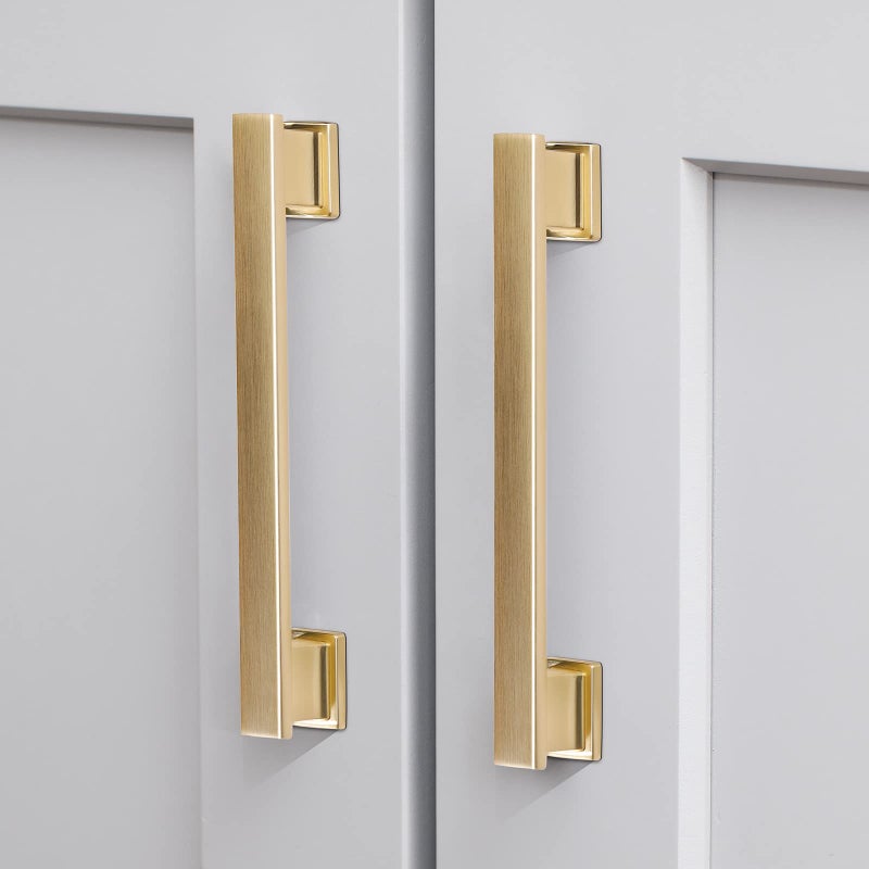 VEHCIL 20 Pack Square Brushed Gold Cabinet Pulls, 5 Inch(128mm) Hole Centers Gold Cabinet Handles Hardware for Kitchen Cupboard Closet Bathroom Dresser Drawer, Solid Zinc Alloy - Image 1