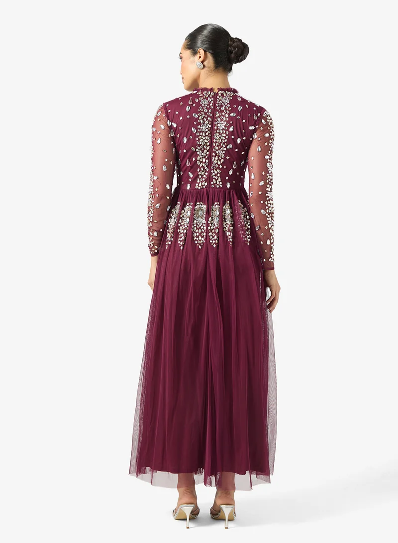 Frock and Frill Crew Neck Embellished Frill Maxi Dresss