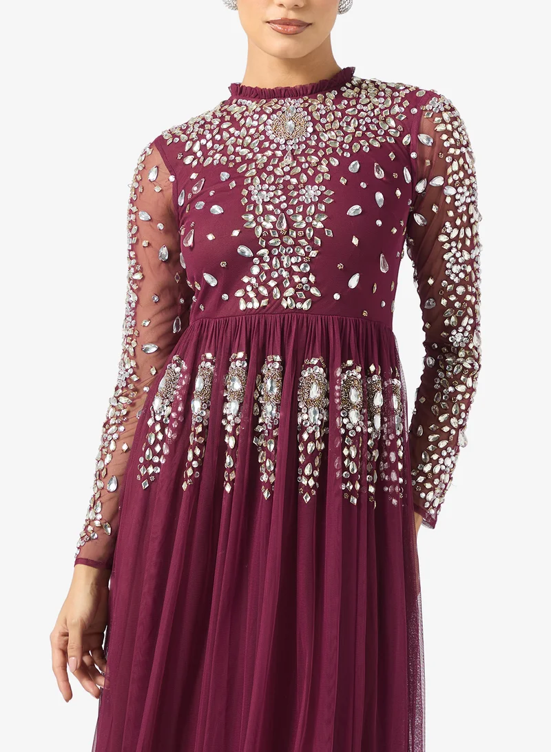 فروك اند فرل Crew Neck Embellished Frill Maxi Dresss