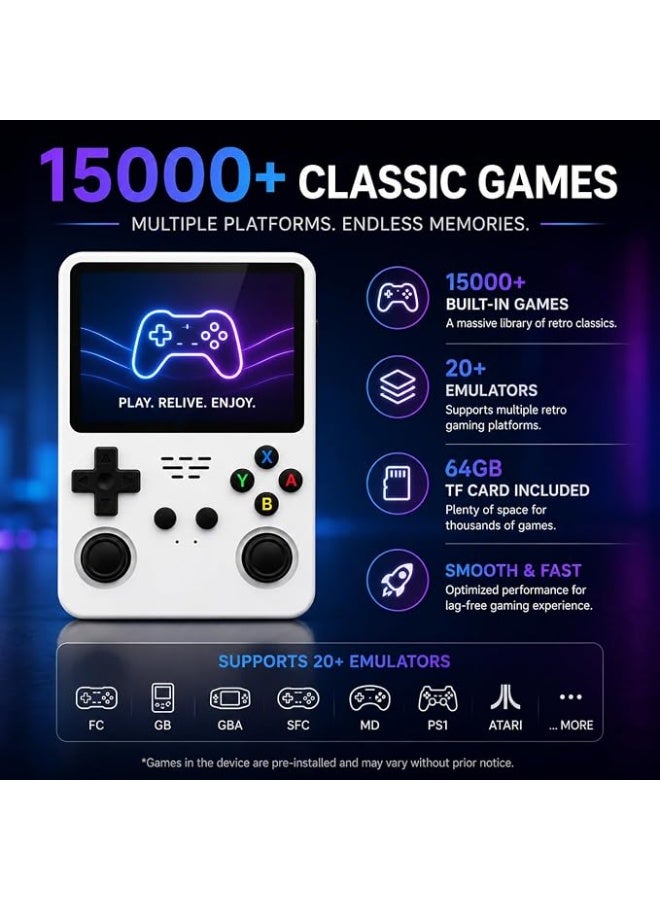 Portable handheld gaming console, 3.5-inch IPS display, 64GB storage with thousands of preloaded classic games, supports 20+ emulators, compact design for all ages. - Image 4