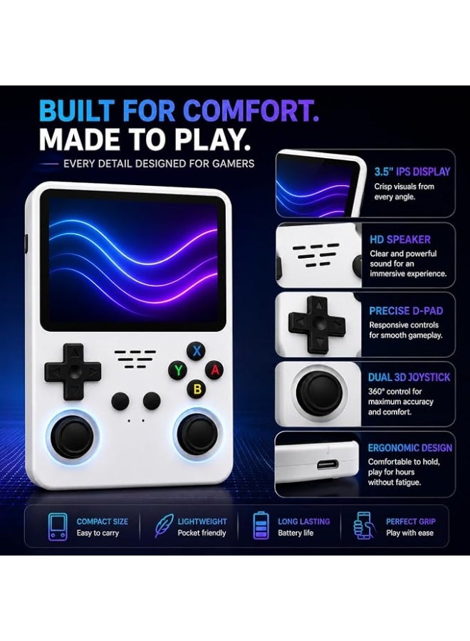 Portable handheld gaming console, 3.5-inch IPS display, 64GB storage with thousands of preloaded classic games, supports 20+ emulators, compact design for all ages. - Image 3