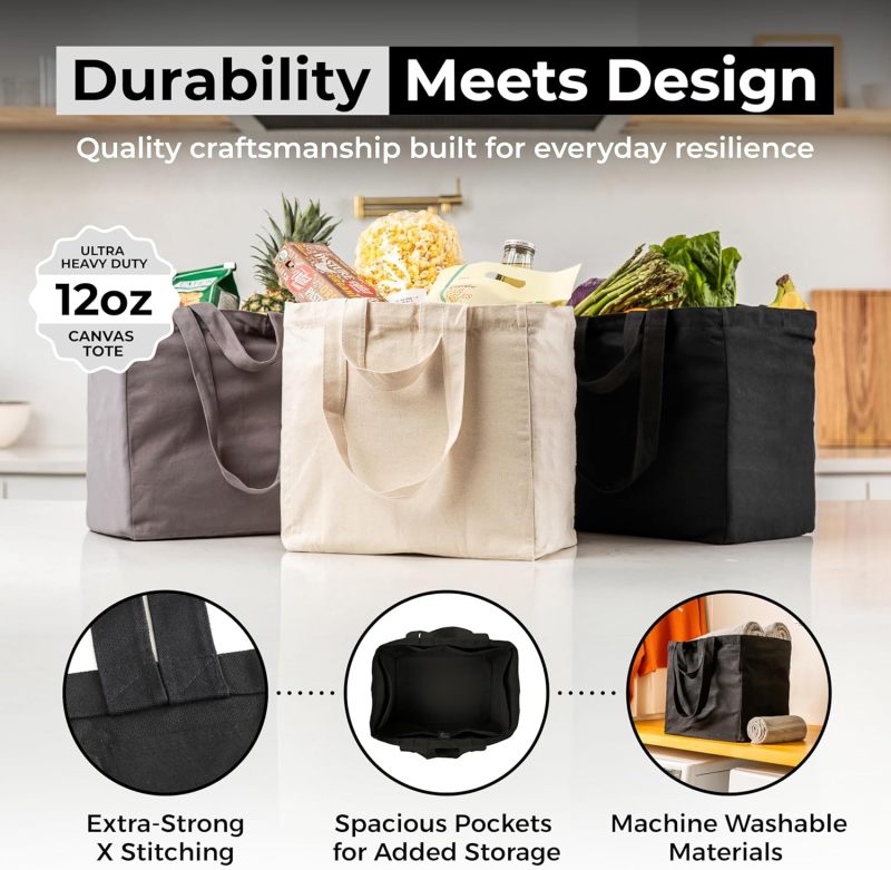 Reusable Bag Set 3pcs 12 Ounce Black Canvas - 80 Lbs Load Capacity Dual Handles Grocery Bag Set For Grocery Shopping Travel Beach Laundry - Image 4