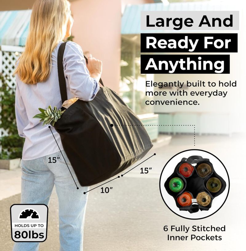 Reusable Bag Set 3pcs 12 Ounce Black Canvas - 80 Lbs Load Capacity Dual Handles Grocery Bag Set For Grocery Shopping Travel Beach Laundry - Image 2