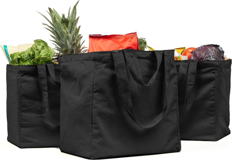 Reusable Bag Set 3pcs 12 Ounce Black Canvas - 80 Lbs Load Capacity Dual Handles Grocery Bag Set For Grocery Shopping Travel Beach Laundry - Image 1
