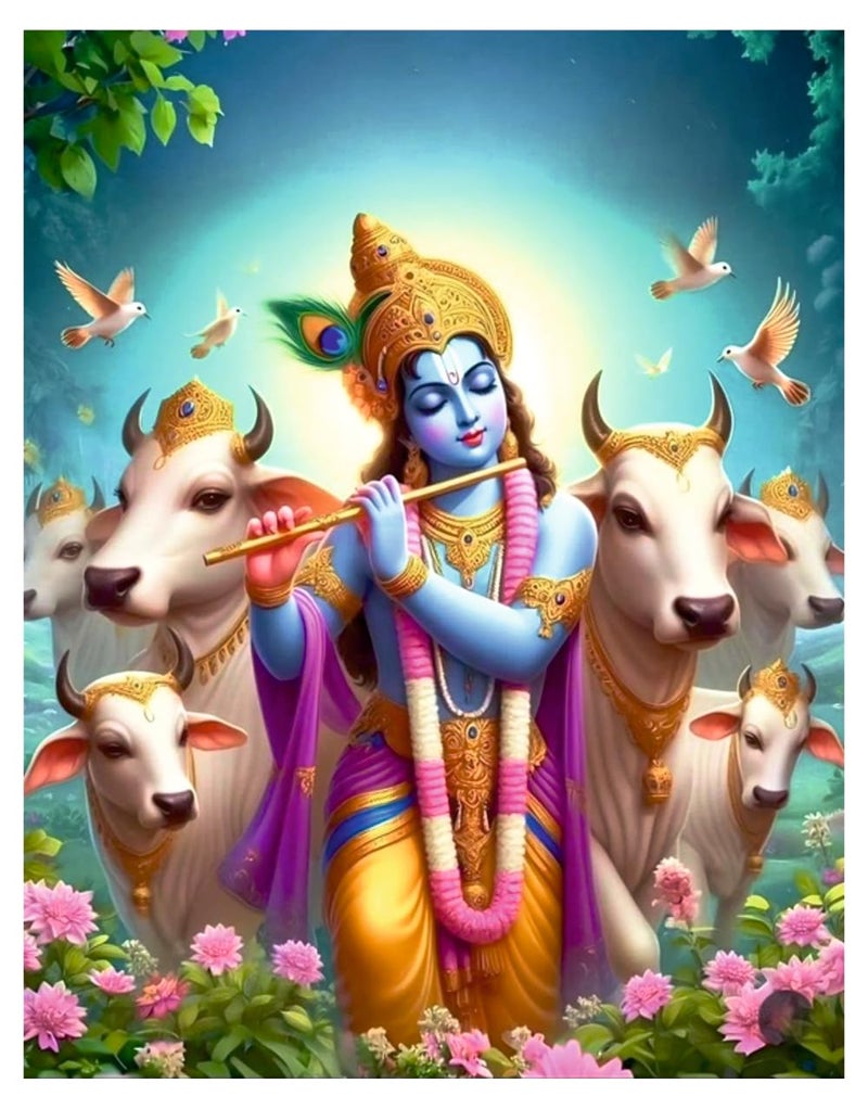 Sky Flying Beautiful Gau MATA and Krishna Wall Poster Living Room Kids Room Office Pooja Room Size 46Cm X 60Cm