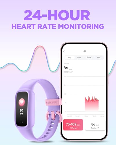BIGGERFIVE Vigor 2 L Kids Fitness Tracker Watch for Boys Girls Ages 5-15, Activity Tracker, Heart Rate Sleep Monitor, IP68 Waterproof, Pedometer, Calorie Step Counter Watch, Lilac - Image 4