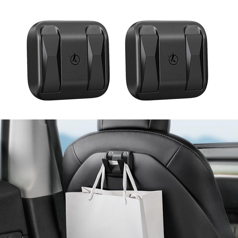 2 Pack Foldable Car Seat Hooks for Tesla Model Y Model 3 Accessories 2026 2025 2024 2023 2022 2021 Includes Model Y Juniper and Model 3 Highland AntiDrop Purse Holder Seat Back Hanger Black