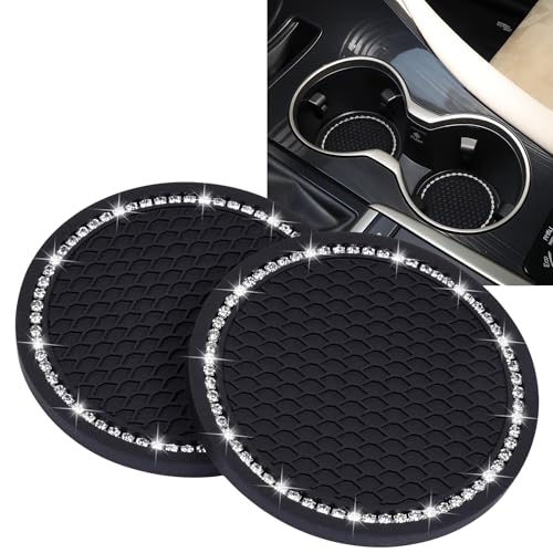 SARTE Car Cup Holder Coaster Universal Silicone Non Slip Pad Interior Decoration Accessory Crystal Bling Embedded Diamond Texture Design Stylish Car Accessories Cup Holder Protector Black Set of 2 - Image 1