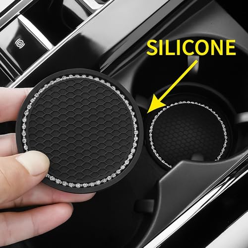 SARTE Car Cup Holder Coaster Universal Silicone Non Slip Pad Interior Decoration Accessory Crystal Bling Embedded Diamond Texture Design Stylish Car Accessories Cup Holder Protector Black Set of 2 - Image 3