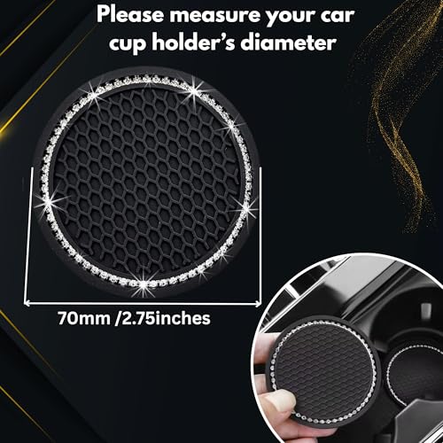 SARTE Car Cup Holder Coaster Universal Silicone Non Slip Pad Interior Decoration Accessory Crystal Bling Embedded Diamond Texture Design Stylish Car Accessories Cup Holder Protector Black Set of 2 - Image 4