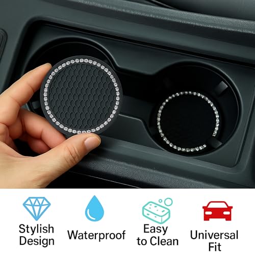 SARTE Car Cup Holder Coaster Universal Silicone Non Slip Pad Interior Decoration Accessory Crystal Bling Embedded Diamond Texture Design Stylish Car Accessories Cup Holder Protector Black Set of 2 - Image 5