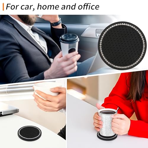 SARTE Car Cup Holder Coaster Universal Silicone Non Slip Pad Interior Decoration Accessory Crystal Bling Embedded Diamond Texture Design Stylish Car Accessories Cup Holder Protector Black Set of 2 - Image 2