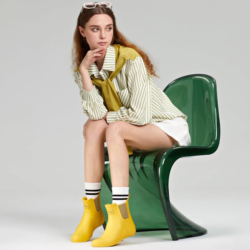 HISEA Rubber Rain Boots for Women Fashion Waterproof Chelsea Boots Short Ankle Garden Shoes Wedge Heel Anti-Slipping Rainboots for Ladies Outdoor Work Booties with Comfort Insole, Size 7 Yellow - Image 2