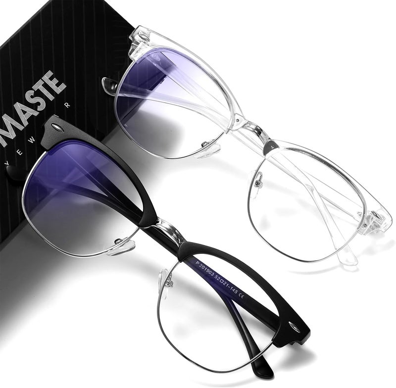 AOMASTE Store نظارات حجب الضوء الأزرق بتصميم عتيق إطار نصف دائري عدسة شفافة UV مضادة للإجهاد للكمبيوتر والألعاب للنساء والرجال (أسود مطفي فضي + فضي كريستالي) - Image 1