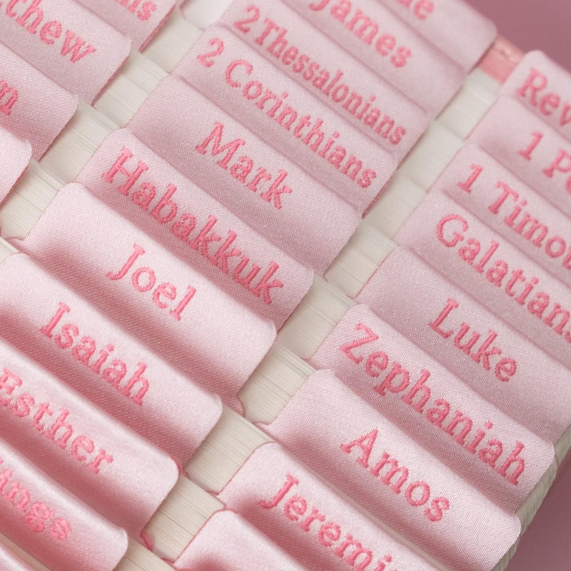 UPAFEXXI-Cloth Bible tabs,Bible Tabs for Women and Men(Pink Embroidered Letters) Large Print Stickers, Easy to Read and Apply, 66 Chapters Labels for Easy Navigation(Pink) - Image 1