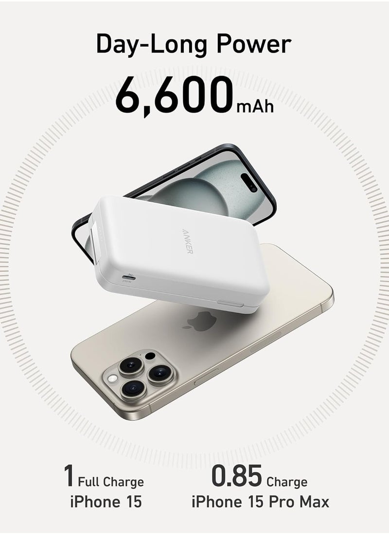 Beauenty - MagGo Power Bank, Qi2 Certified 15W Ultra-Fast MagSafe-Compatible Portable Charger, 6,600mAh Battery Pack with Adjustable and Foldable Stand, for iPhone 15/14/13 Series (USB-C Cable Included) White - Image 1