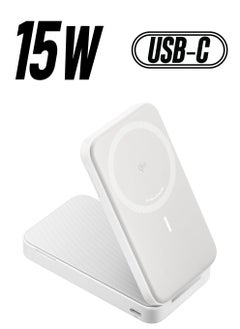MagGo Power Bank, Qi2 Certified 15W Ultra-Fast MagSafe-Compatible Portable Charger, 6,600mAh Battery Pack with Adjustable and Foldable Stand, for iPhone 15/14/13 Series (USB-C Cable Included) White