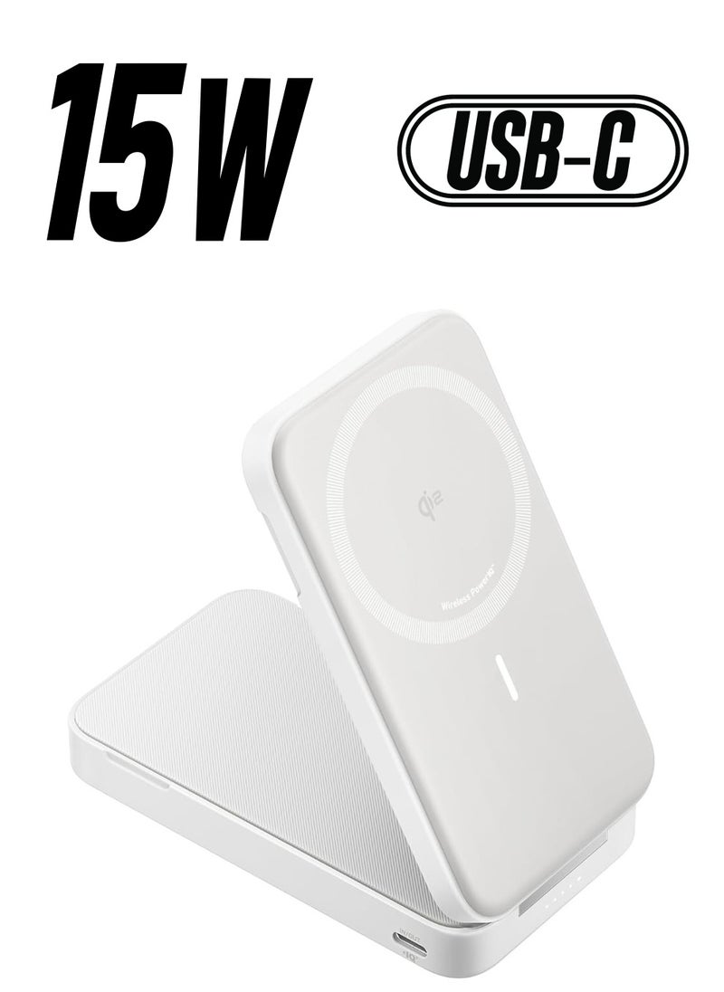 Beauenty - MagGo Power Bank, Qi2 Certified 15W Ultra-Fast MagSafe-Compatible Portable Charger, 6,600mAh Battery Pack with Adjustable and Foldable Stand, for iPhone 15/14/13 Series (USB-C Cable Included) White - Image 1