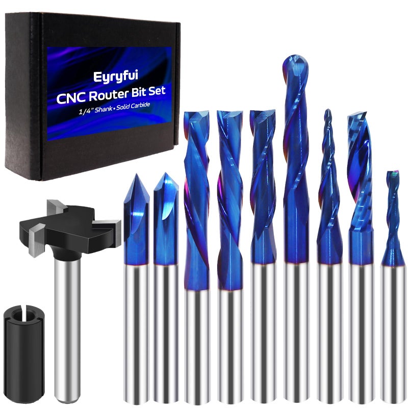 Eyryfui 10Pcs CNC Router Bits Set, 1/4" Shank Solid Carbide Multiple Uses Router Bit for Woodworking Detail Carving Trimming V Groove Engraving Slotting Mortise MDF Resin Lettering Sign Making - Image 1