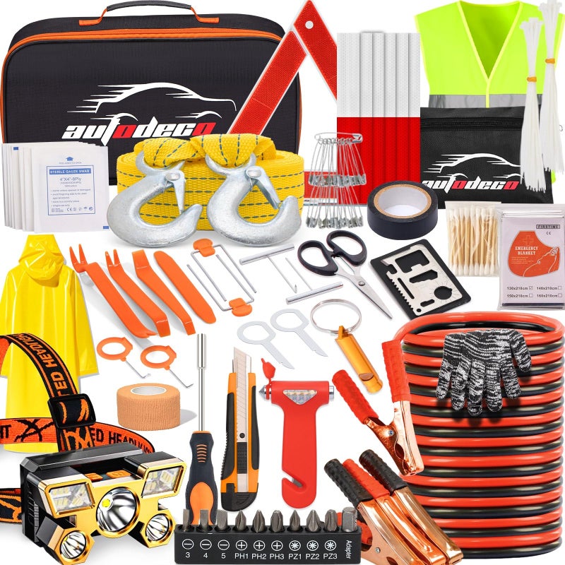 طقم الطوارئ على جانب الطريق AUTODECO 126 قطعة لسلامة السيارات مجموعة أدوات السيارات الخارجية والداخلية مع كابلات التشغيل
