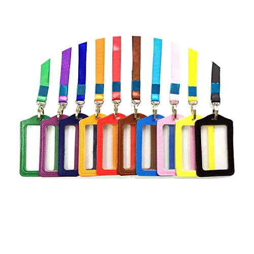 YTYKINOY 10 Pieces Vertical Style Faux Leather Business Id Credit Card Badge Holder Clear Pouch Case with Long Neck Strap Band Lanyard (33.5 Inch Full Round Length) (10 Color) - Image 1