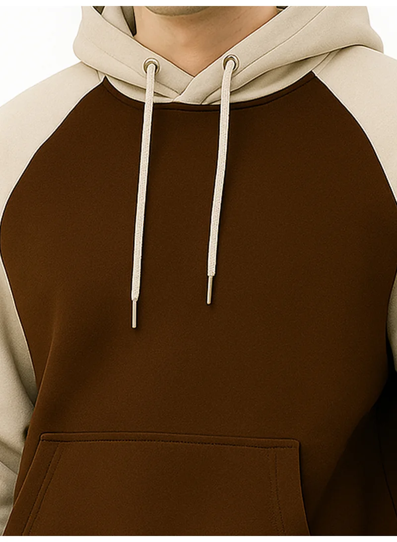 Maniac Maniac Mens Color Block Hooded Neck Raglan Full Sleeve Biscuit and Brown Cotton Fleece Sweatshirt