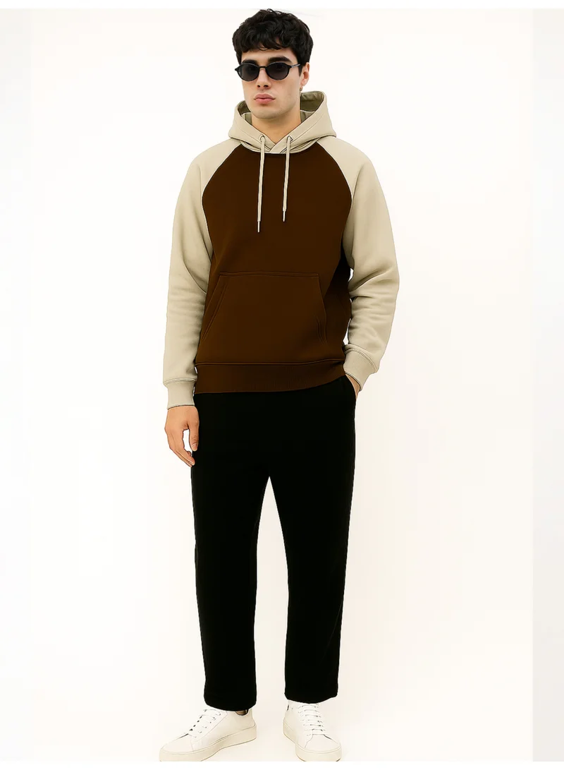 Maniac Maniac Mens Color Block Hooded Neck Raglan Full Sleeve Biscuit and Brown Cotton Fleece Sweatshirt