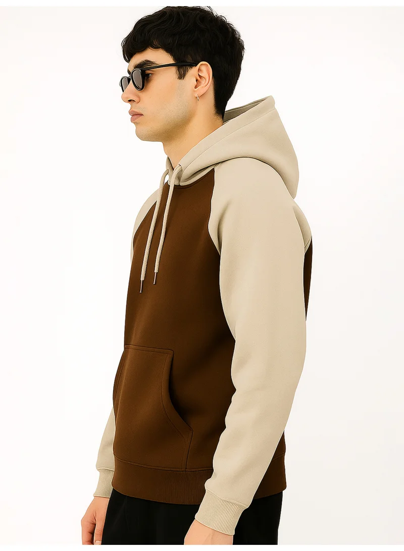 Maniac Maniac Mens Color Block Hooded Neck Raglan Full Sleeve Biscuit and Brown Cotton Fleece Sweatshirt