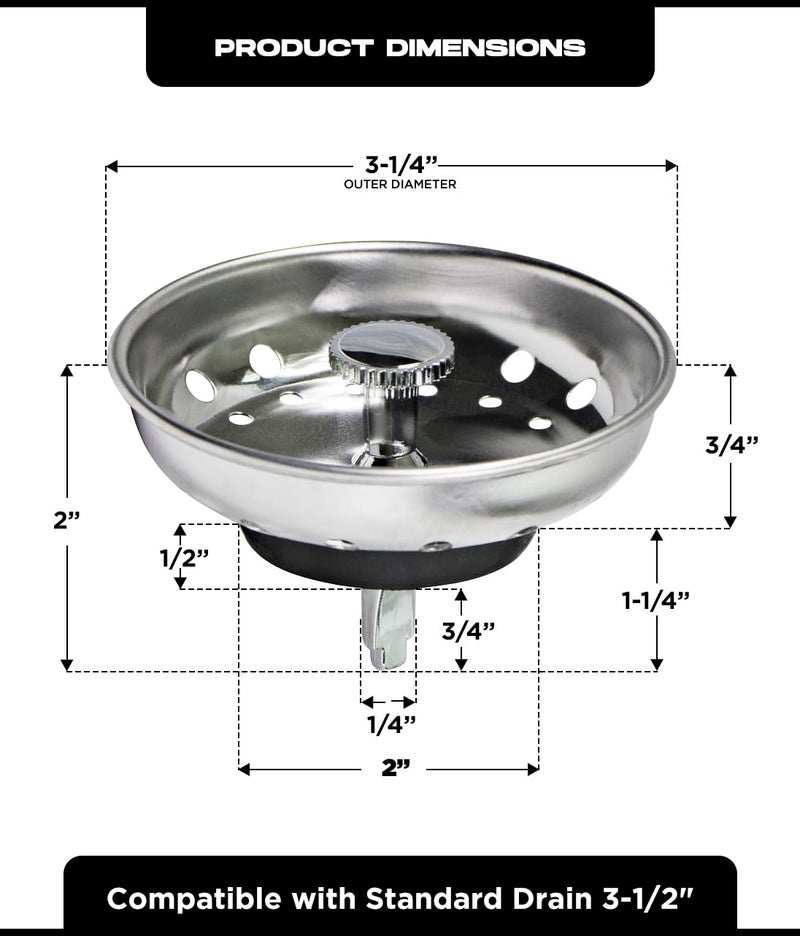 Highcraft 97333 Kitchen Sink Basket Strainer Replacement for Standard Drains (3.25 Inch) Chrome Plated Stainless Steel Body With Rubber Stopper, 3.25" - Image 4