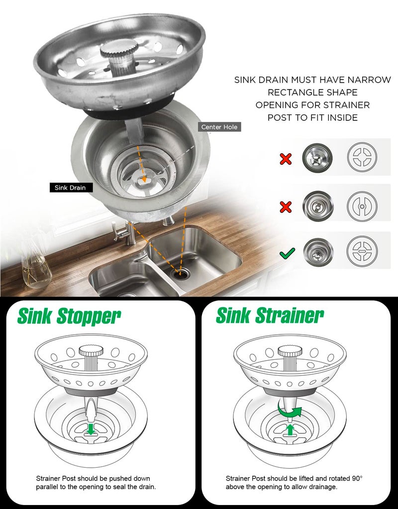 Highcraft 97333 Kitchen Sink Basket Strainer Replacement for Standard Drains (3.25 Inch) Chrome Plated Stainless Steel Body With Rubber Stopper, 3.25" - Image 2