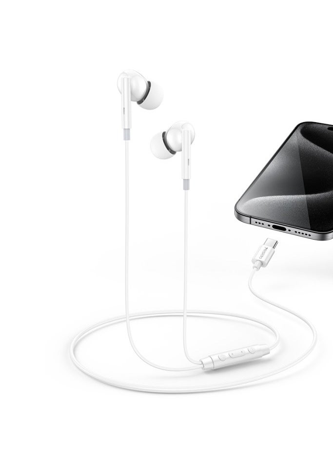 YH45 Wired Control Earphone with Ergonomic Design, 3 Buttons and Type-C Connector - White