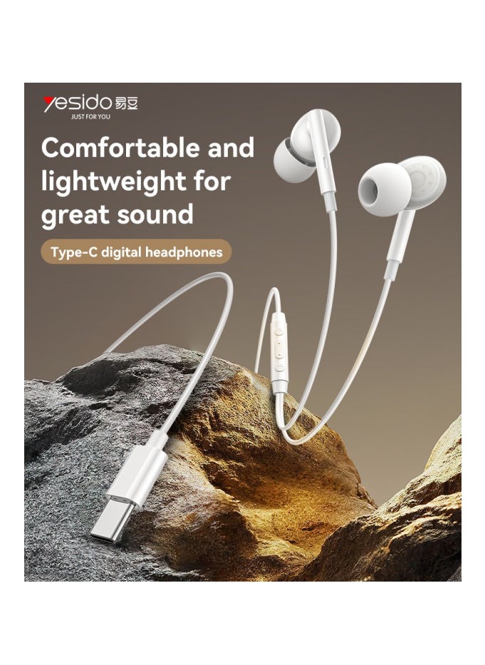 YH45 Wired Control Earphone with Ergonomic Design, 3 Buttons and Type-C Connector - White