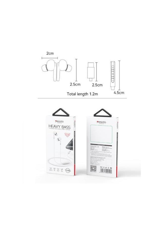 YH45 Wired Control Earphone with Ergonomic Design, 3 Buttons and Type-C Connector - White