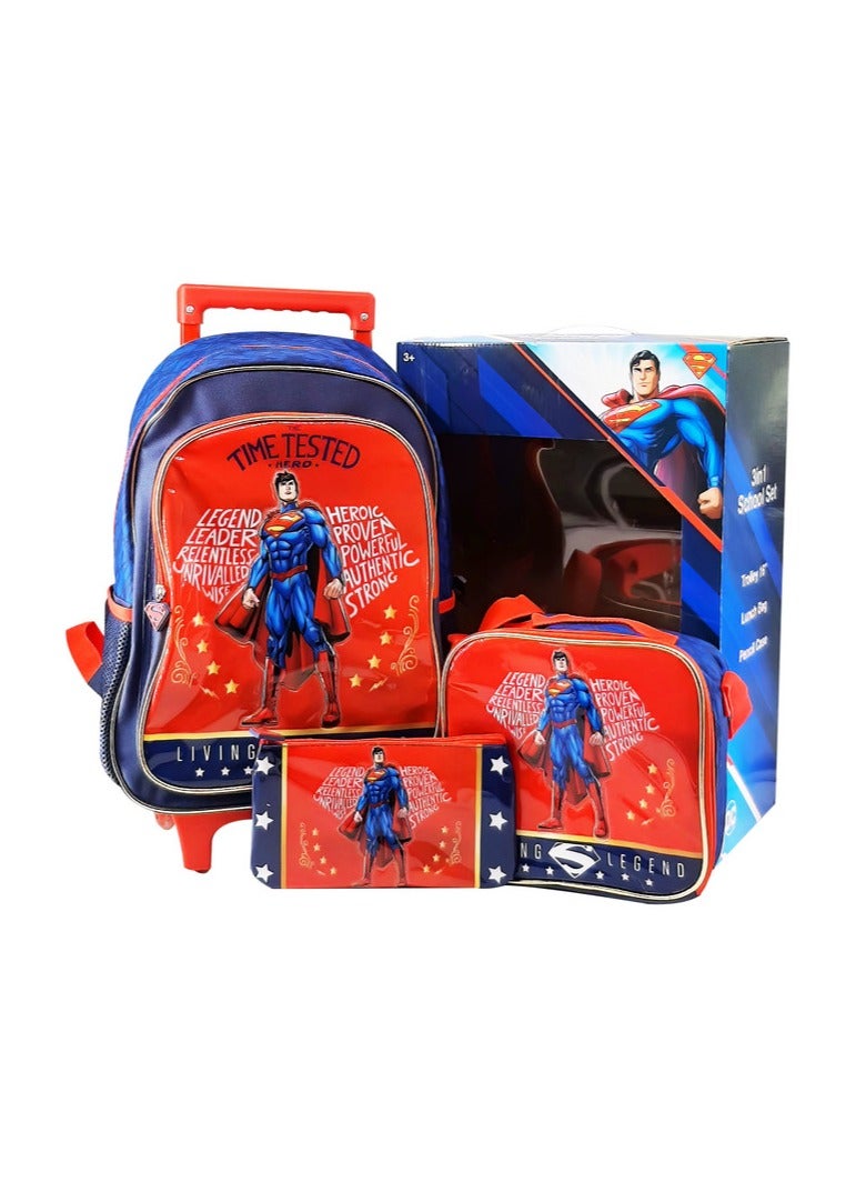 DC Superman 3 in 1 School Set, 16 Inch Trolley Bag with Lunch Bag and Pencil Case