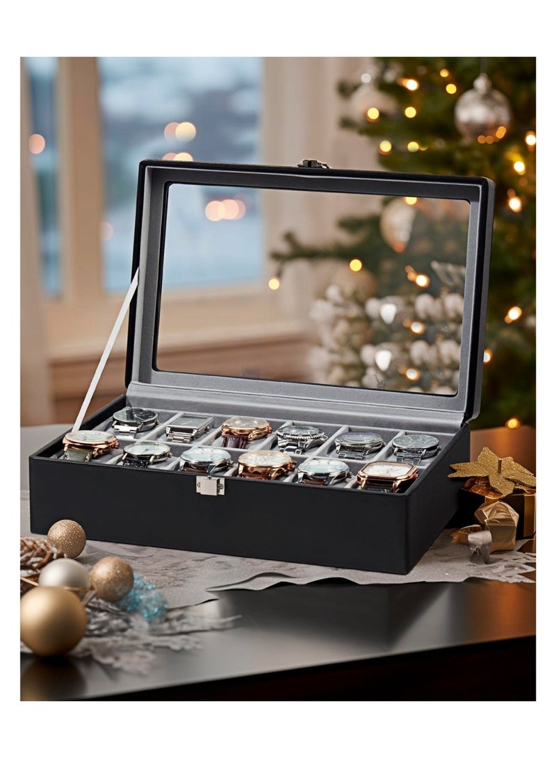 CHIYLE 12-Slot Watch Box Organizer with Glass Lid, PU Leather Jewelry Display Case with Velvet Interior, Dustproof Storage for Watches & Accessories – Black - Image 2