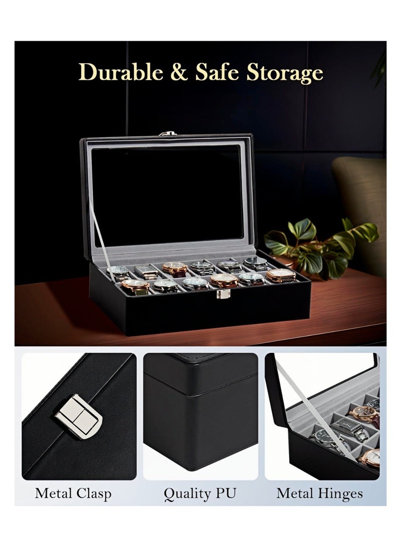 CHIYLE 12-Slot Watch Box Organizer with Glass Lid, PU Leather Jewelry Display Case with Velvet Interior, Dustproof Storage for Watches & Accessories – Black - Image 4