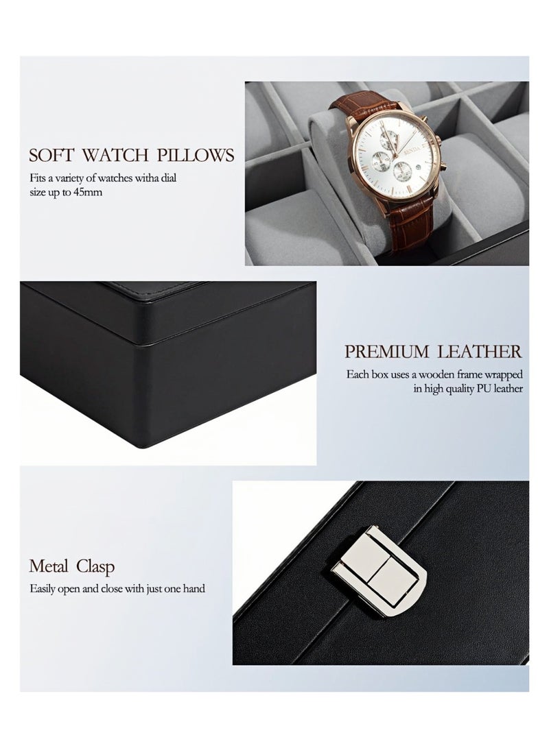 CHIYLE 12-Slot Watch Box Organizer with Glass Lid, PU Leather Jewelry Display Case with Velvet Interior, Dustproof Storage for Watches & Accessories – Black - Image 5