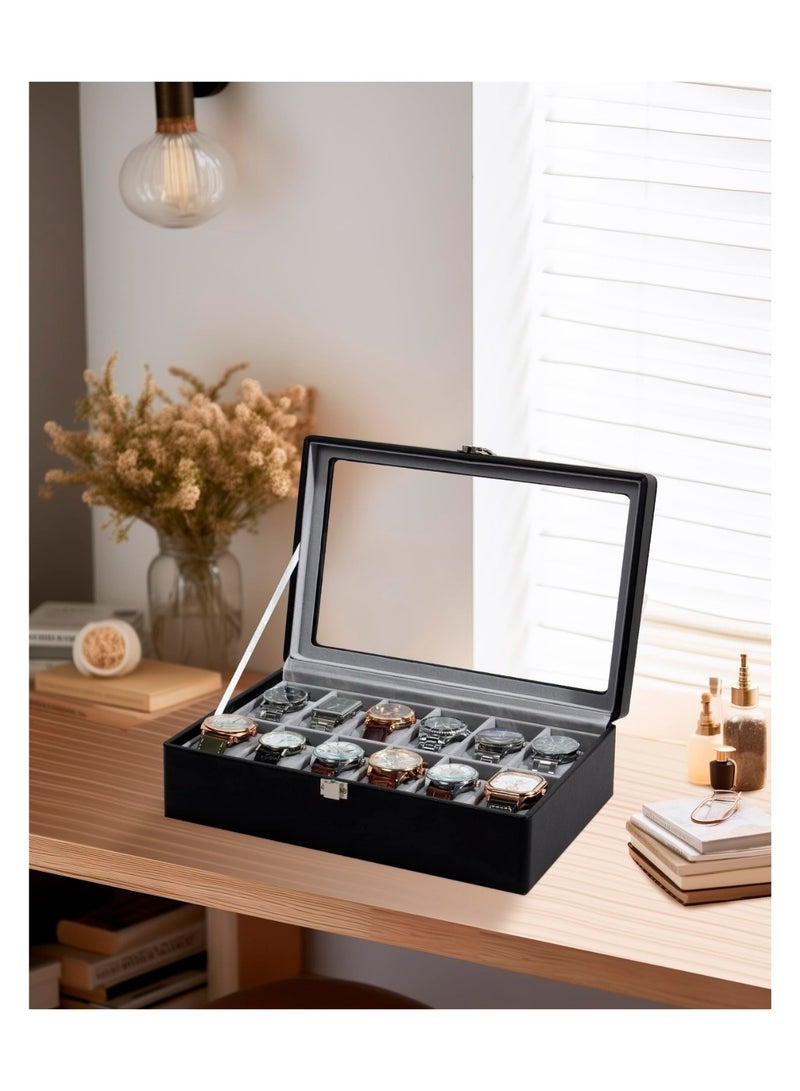 CHIYLE 12-Slot Watch Box Organizer with Glass Lid, PU Leather Jewelry Display Case with Velvet Interior, Dustproof Storage for Watches & Accessories – Black - Image 3