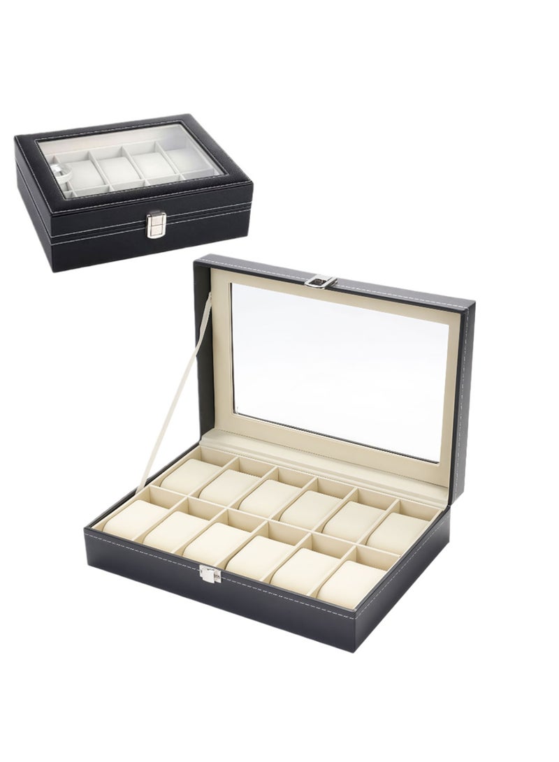 CHIYLE 12-Slot Watch Box Organizer with Glass Lid, PU Leather Jewelry Display Case with Velvet Interior, Dustproof Storage for Watches & Accessories – Black - Image 1