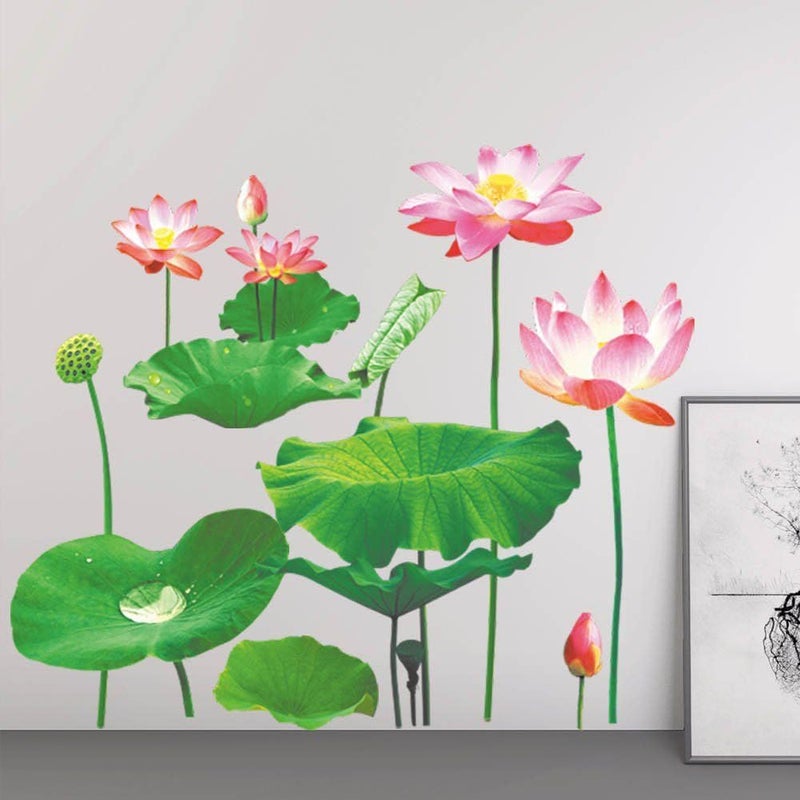 XAVRY XAVRY Lotus Leaf Flowers Fish Pond 3D Wall Stickers PVC Floor Stickers Decorative Living Room Porch Bathroom Window Glass Door Couple Bedroom Kids Room Decor Art Mural DIY 