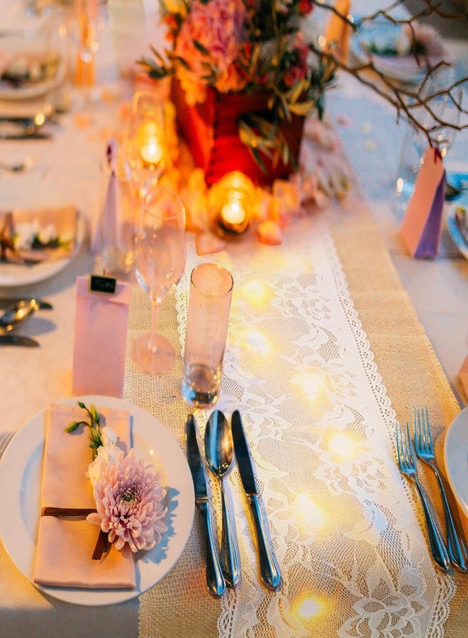 Xinnun 6 Pack Burlap Table Runner with LED String Lights Lace Rustic Natural Vintage Boho Jute Runner for Farmhouse Wedding Thanksgiving Decor(Fashion,12x108 Inches) - Image 2